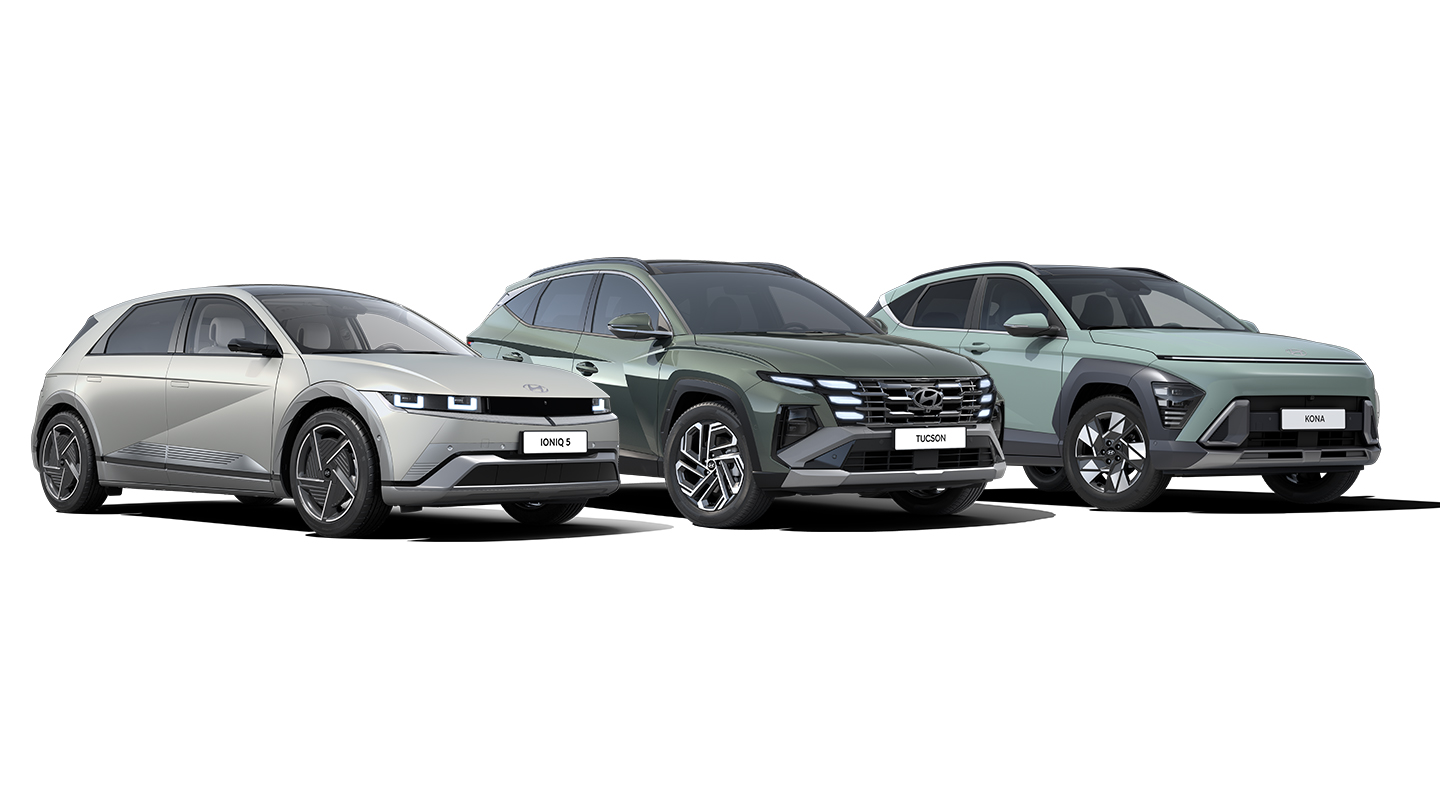 5 Hyundai vehicles parked next to each other:  SANTA FE, TUCSON, IONIQ 5, IONIQ 6 and KONA.